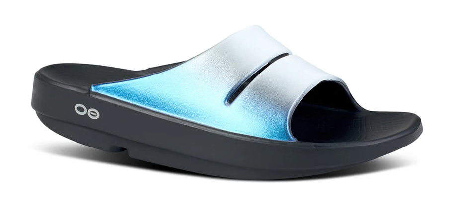 OOahh Luxe - Women by Oofos in blue gradient and black with agile OOfoam strap for comfort and support, ideal for casual wear and recovery