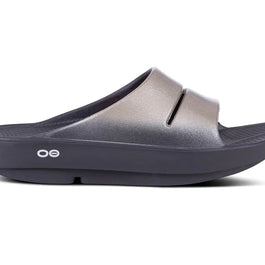 OOahh Luxe - Women by Oofos in grey with agile OOfoam strap, supportive and comfortable slides ideal for recovery and casual wear