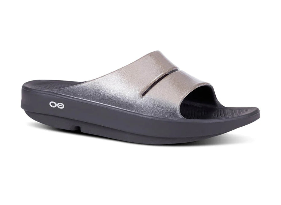 OOahh Luxe - Women by Oofos in metallic grey and black with agile OOfoam strap for added support and comfort, ideal for recovery and casual wear
