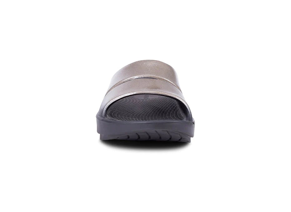 OOahh Luxe - Women by Oofos in metallic brown with agile OOfoam strap for support and comfort, ideal for casual and recovery wear