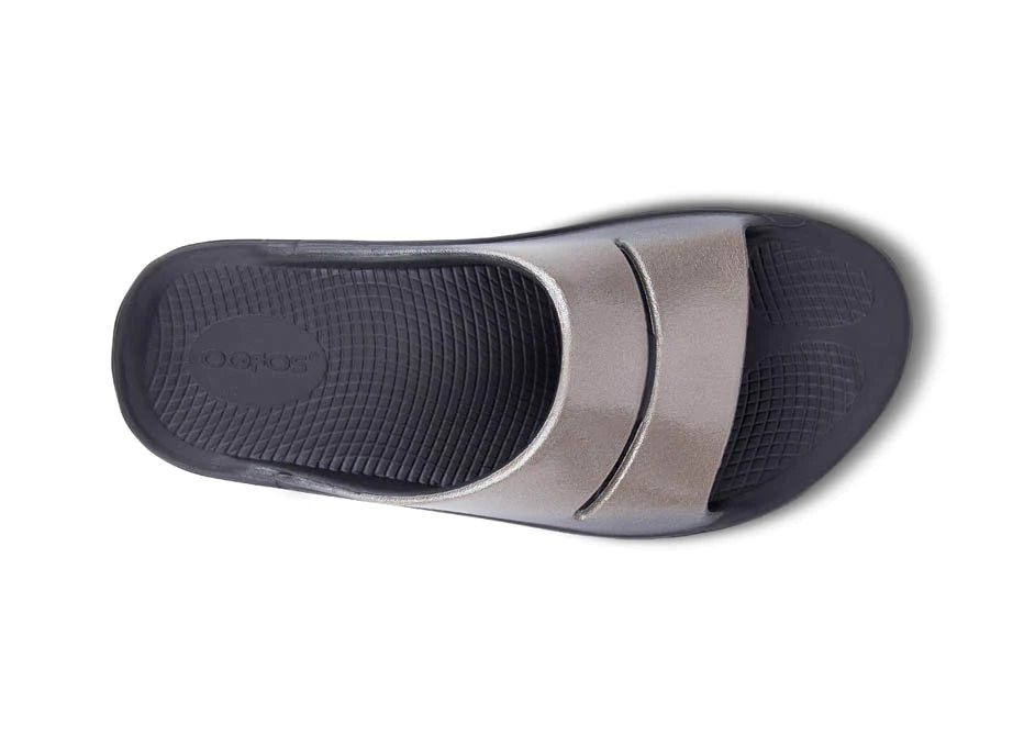 OOahh Luxe - Women by Oofos, black footbed with metallic silver agile OOfoam strap slide for support and comfort