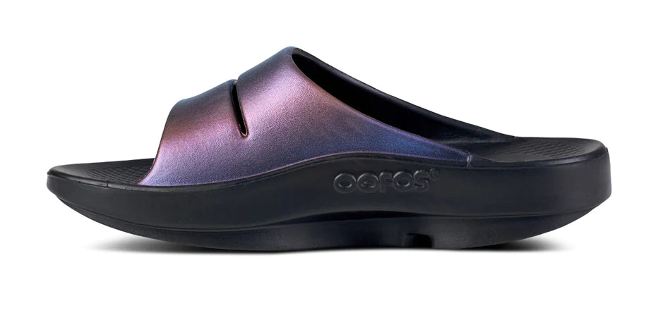 OOahh Luxe - Women by Oofos in black and purple with agile OOfoam strap, hand-painted design, supportive slide for comfort and recovery