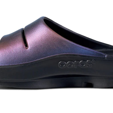 OOahh Luxe - Women by Oofos in black and purple with agile OOfoam strap, hand-painted design, supportive slide for comfort and recovery