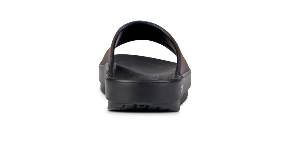OOahh Luxe - Women by Oofos in black with agile OOfoam strap for support, hand-painted design, lightweight slides for casual comfort