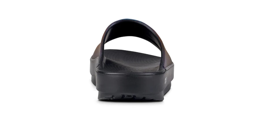 OOahh Luxe - Women by Oofos in black with agile OOfoam strap for support, hand-painted design, lightweight slides for casual comfort