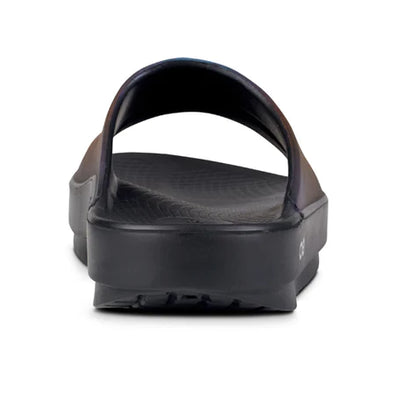 OOahh Luxe - Women by Oofos in black with agile OOfoam strap for support, hand-painted design, lightweight slides for casual comfort
