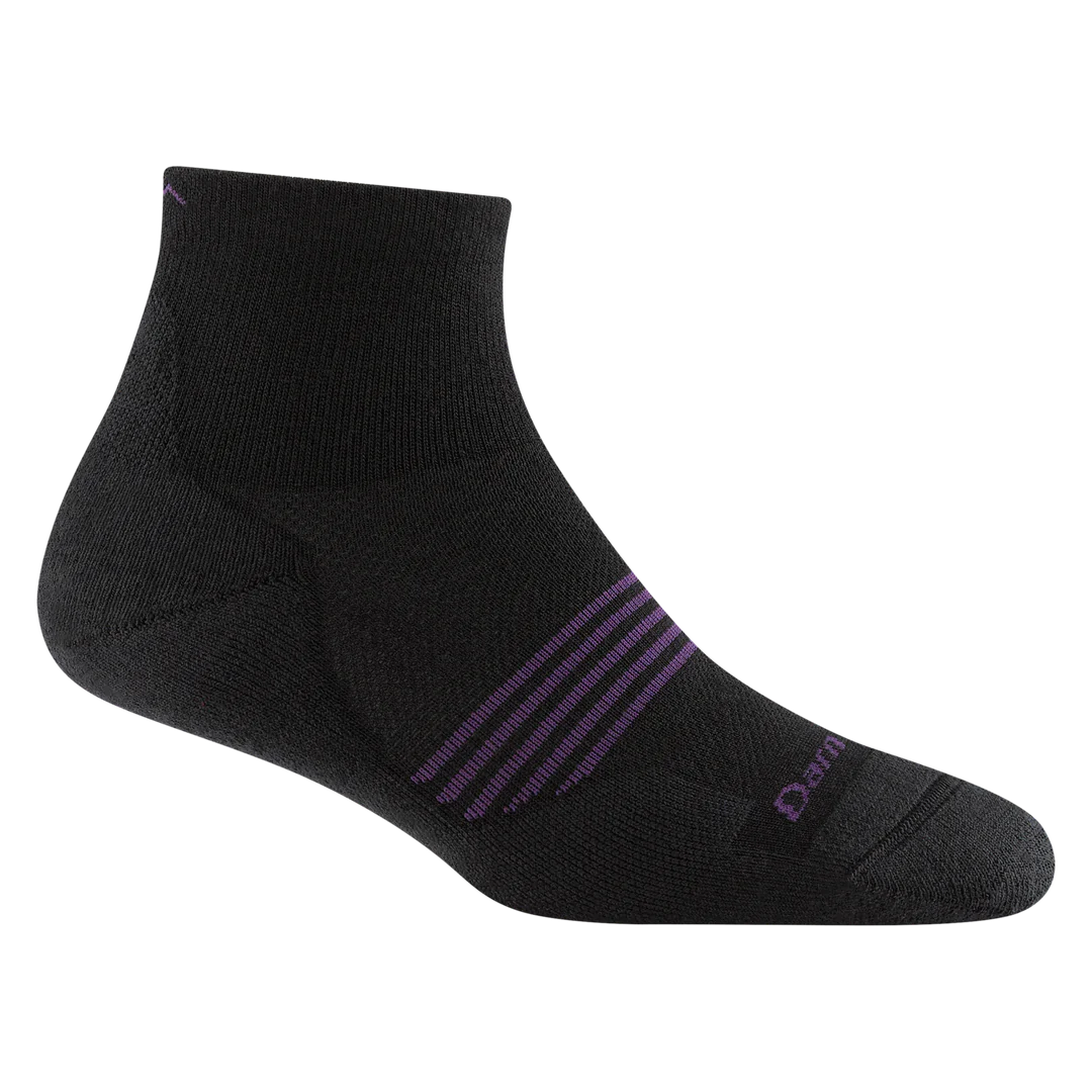 Element Quarter Lightweight w/Cushion Running Sock - Women by Darn Tough in black with purple, moisture-wicking merino wool and mesh panels for running and triathlon training