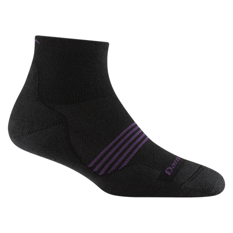 Element Quarter Lightweight w/Cushion Running Sock - Women by Darn Tough in black with purple, moisture-wicking merino wool and mesh panels for running and triathlon training