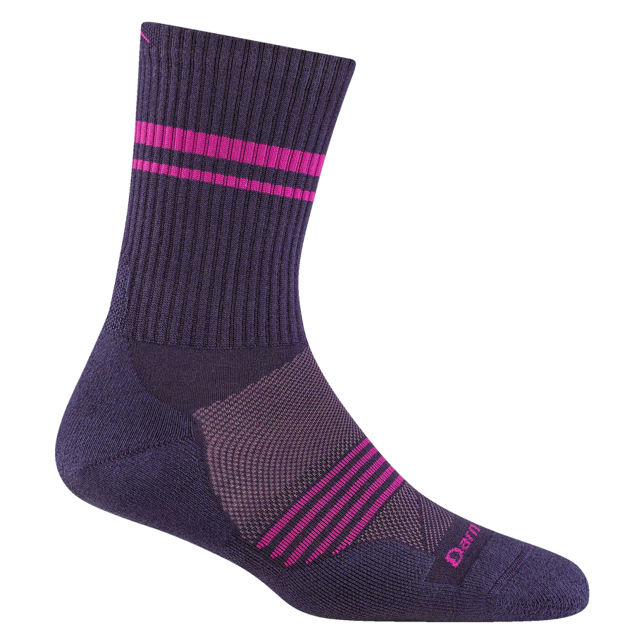 Element Micro Crew Lightweight w/Cushion Running Sock - Women by Darn Tough in purple with pink stripes, breathable Merino wool for running comfort