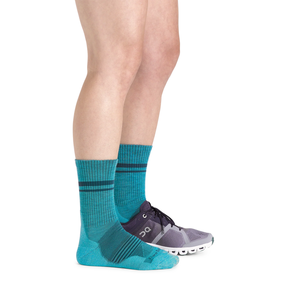 Element Micro Crew Lightweight w/Cushion Running Sock - Women by Darn Tough in teal with black stripes, breathable Merino Wool for running comfort