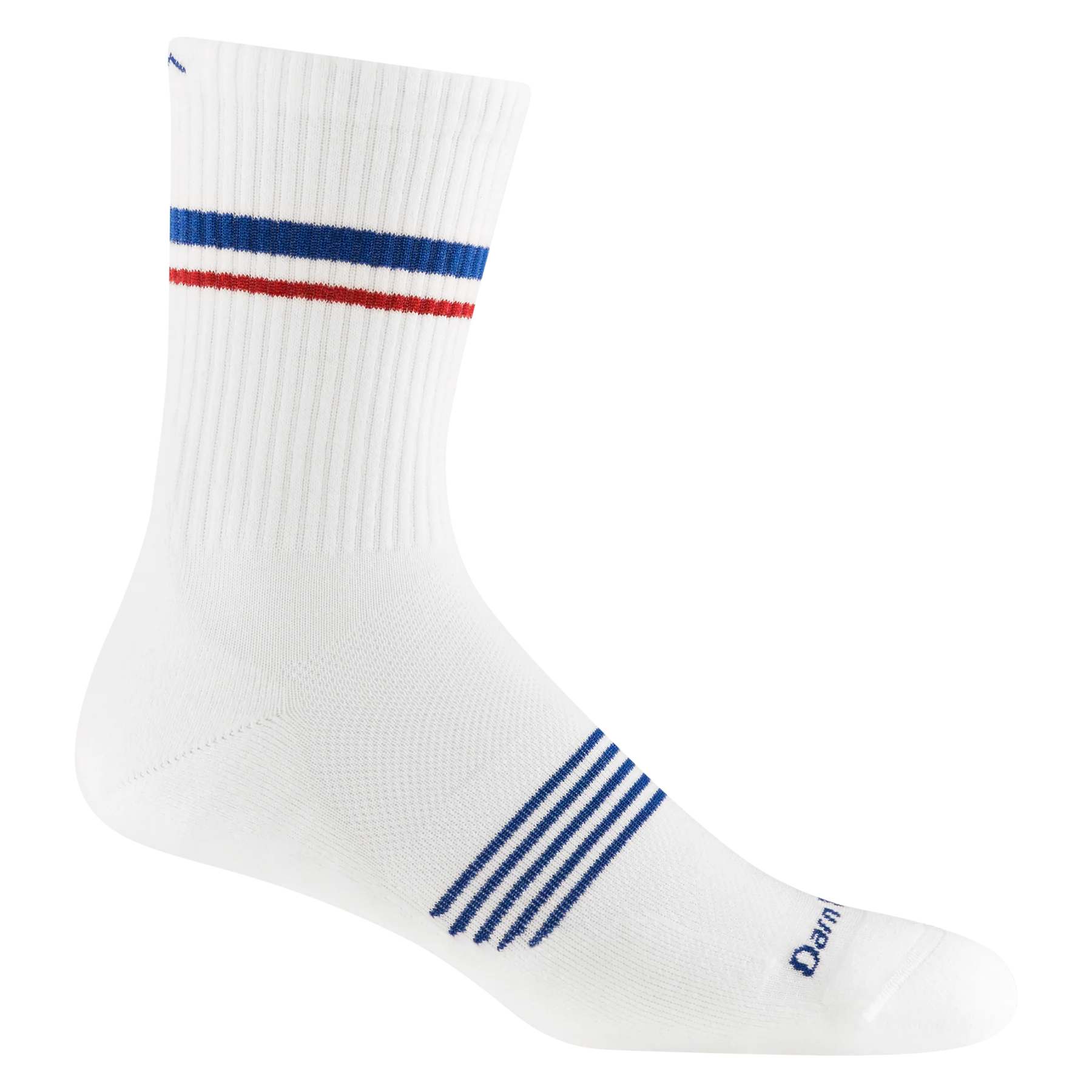 Element Micro Crew Lightweight w/Cushion Running Sock - Men by Darn Tough in white with blue and red stripes, breathable Merino wool for running comfort
