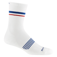 Element Micro Crew Lightweight w/Cushion Running Sock - Men by Darn Tough in white with blue and red stripes, breathable Merino wool for running comfort