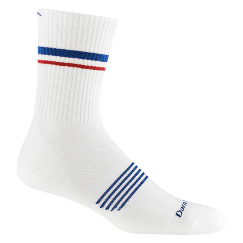 Element Micro Crew Lightweight w/Cushion Running Sock - Men by Darn Tough in white with blue and red stripes, breathable Merino wool for running comfort