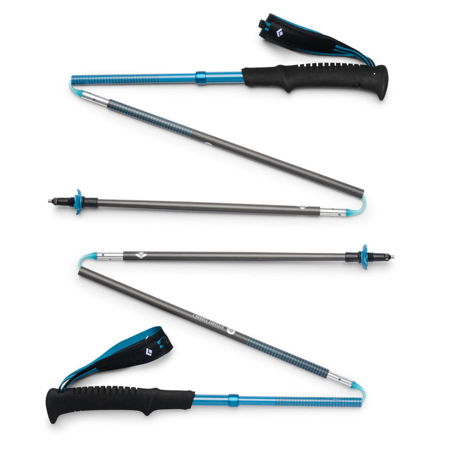 Distance Carbon Z Poles by Black Diamond in grey and blue, lightweight 100% carbon foldable trekking poles for fast travel and running accessories