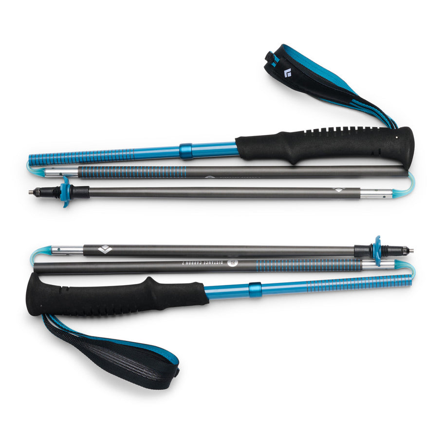 Distance Carbon Z Poles by Black Diamond in blue and gray, lightweight foldable carbon poles ideal for fast travel and outdoor use