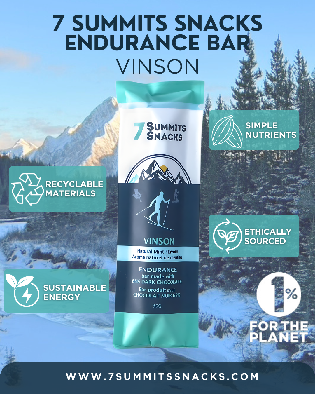 Vinson Dark Chocolate & Mint Endurance Bar (30g) by 7 Summit Snacks in green and navy, ethically sourced with 65% dark chocolate and electrolytes for endurance