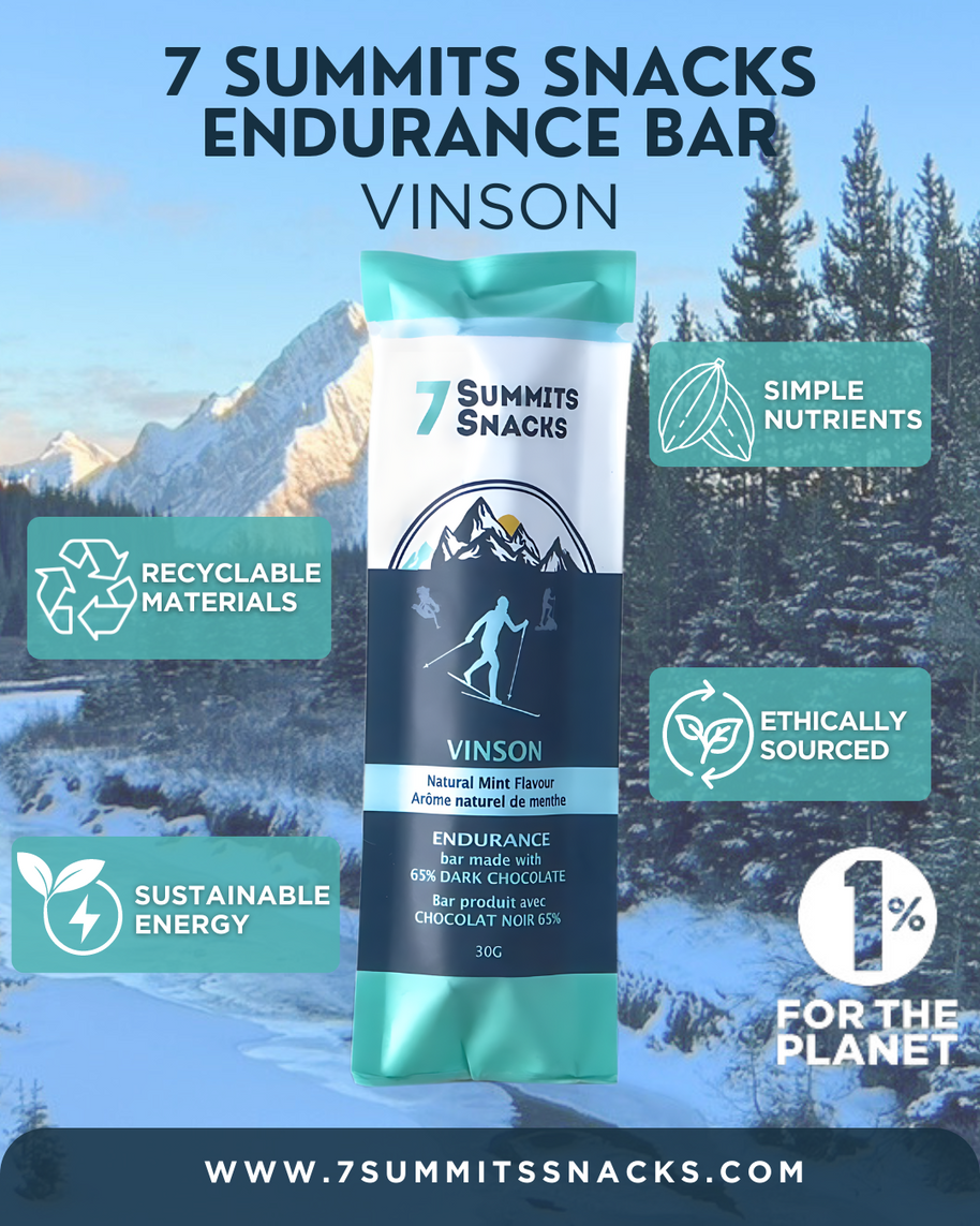 Vinson Dark Chocolate & Mint Endurance Bar (30g) by 7 Summit Snacks in green and navy, ethically sourced with 65% dark chocolate and electrolytes for endurance