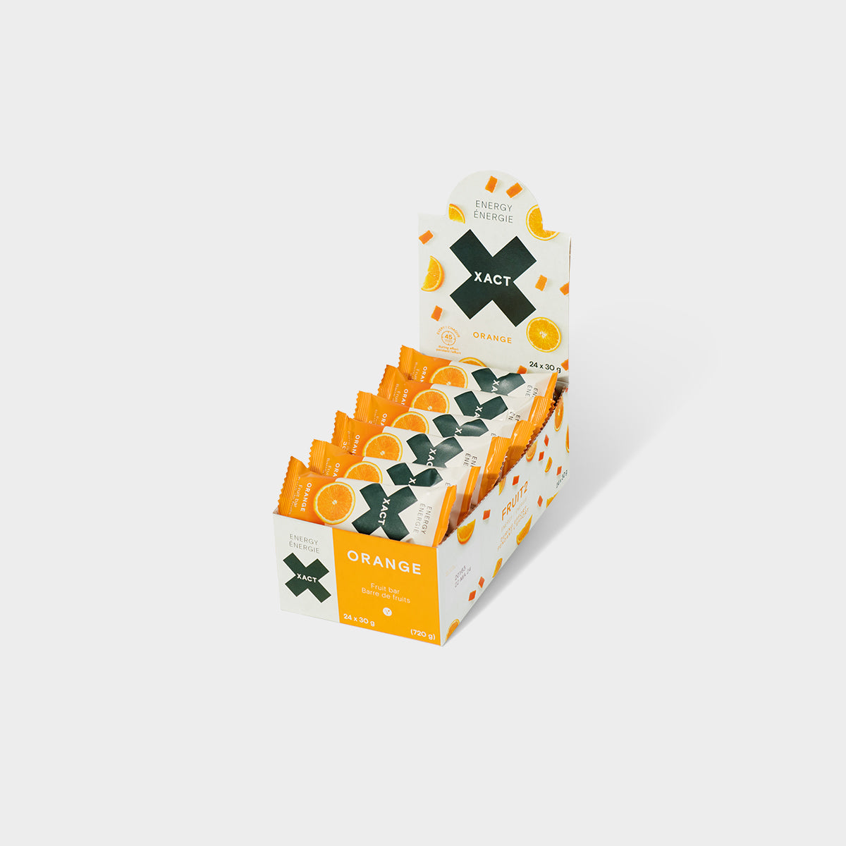 Display box of Xact Energy Fruit Bars in Orange, open carton filled with wrapped bars