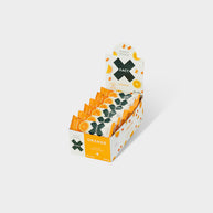 Display box of Xact Energy Fruit Bars in Orange, open carton filled with wrapped bars