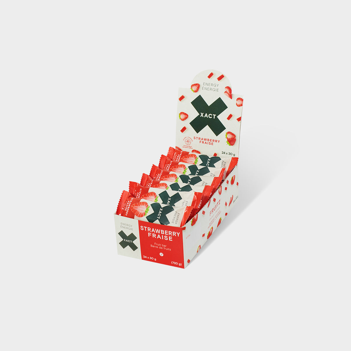Display box of Xact Energy Fruit Bars in Strawberry, open red and white carton full of wrapped bars