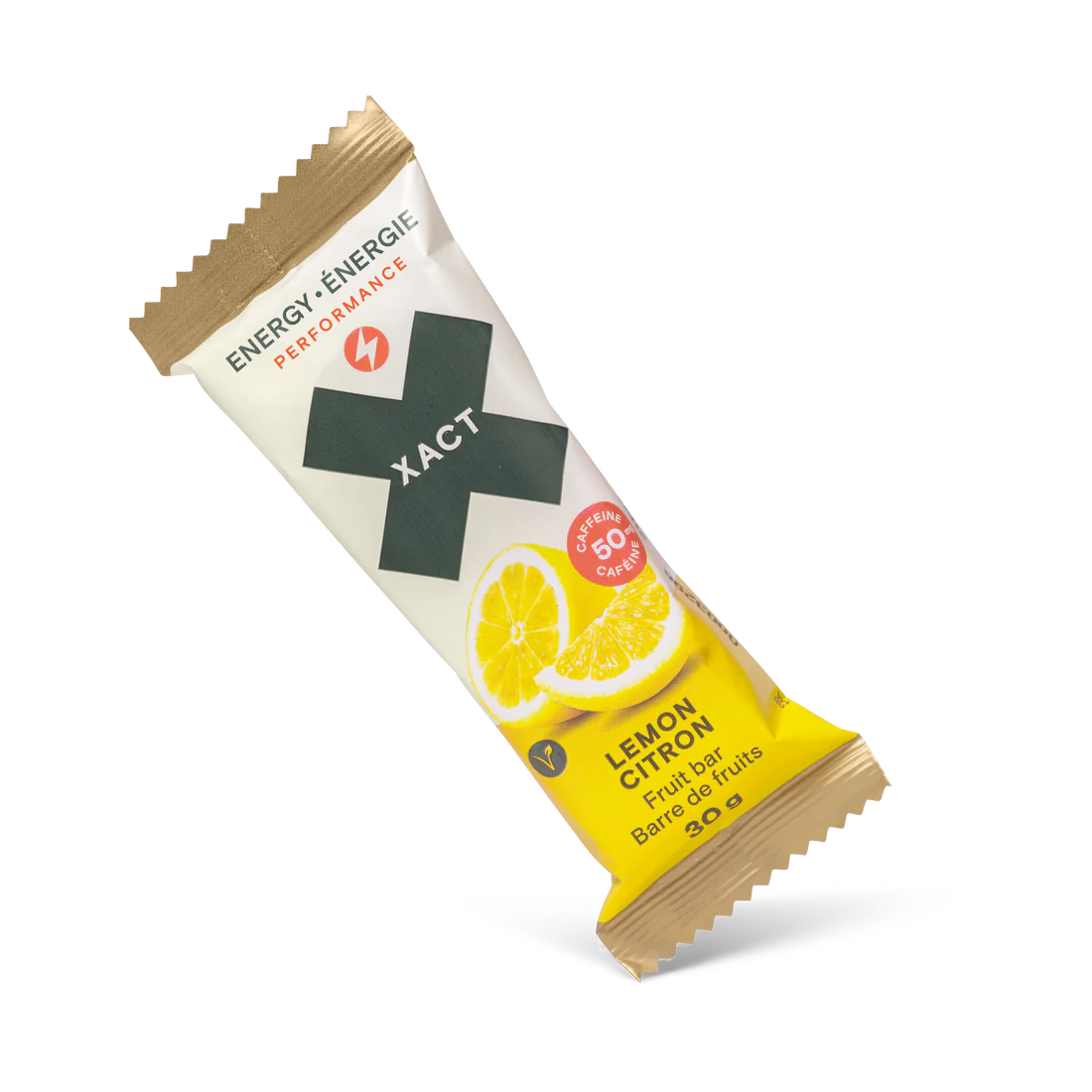 Energy Fruit Bars by Xact in lemon yellow and white, natural fruit energy bar with 50mg caffeine for running and outdoor use in Canada