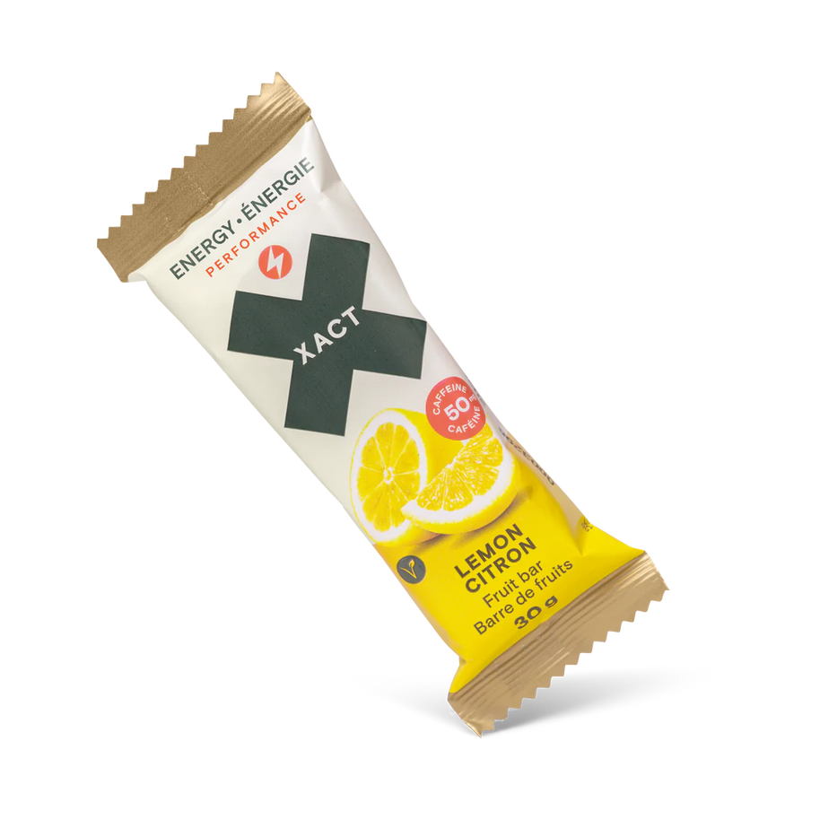 Energy Fruit Bars by Xact in lemon yellow and white, natural fruit energy bar with 50mg caffeine for running and outdoor use in Canada
