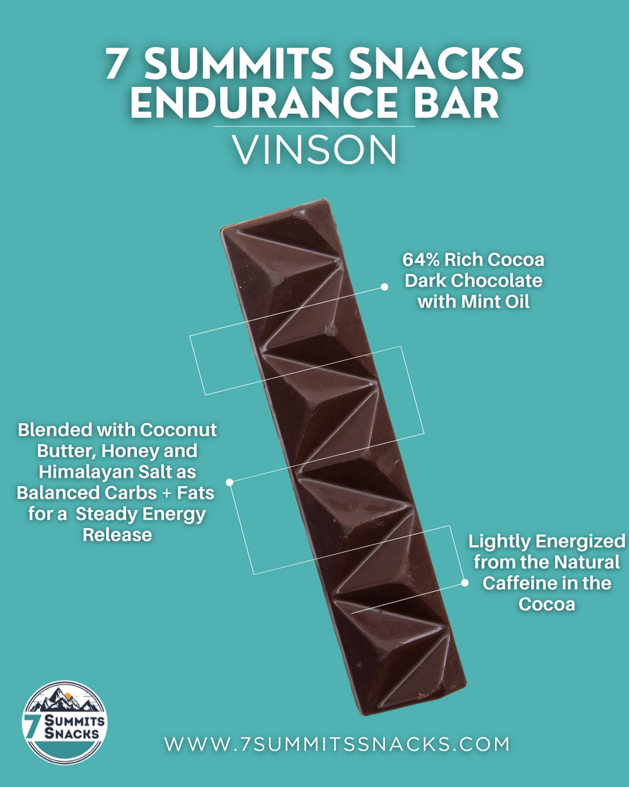 Vinson Dark Chocolate & Mint Endurance Bar (30g) by 7 Summit Snacks in dark brown with 64% cocoa, honey, coconut, and caffeine for steady energy