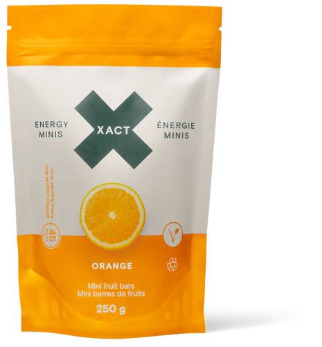 Energy Minis orange flavor by Xact in orange and white pouch, bite-sized mini fruit bars, ideal for athletes needing quick energy boosts.