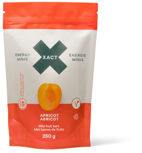 Xact Energy Minis apricot flavor in orange and white pouch, bite-sized 7g fruit bars, ideal for athletes and running energy boost