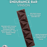 Vinson Dark Chocolate & Mint Endurance Bar (30g) by 7 Summit Snacks in dark brown with 64% cocoa, honey, coconut, and caffeine for steady energy