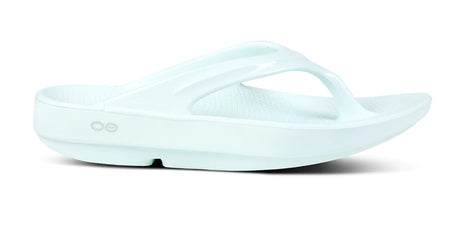Oofos OOlala women's recovery flip flop in Ice, side view of very pale blue thong sandal