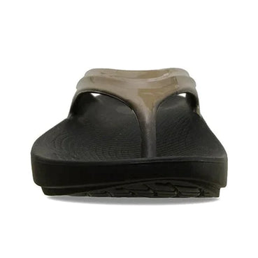 OOlala Luxe - Women by Oofos in black and taupe with patented OOfoam footbed, lightweight slide sandal for all-day comfort and style