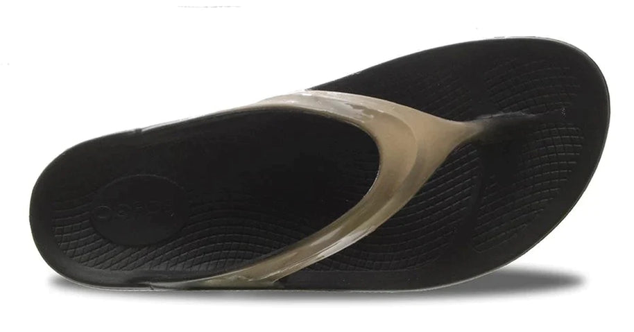 OOlala Luxe - Women by Oofos in black and translucent, cushioned sandal with patented OOfoam for all-day comfort and stylish wear