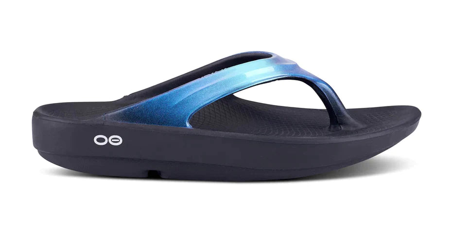 OOlala Luxe - Women by Oofos in black and blue with patented OOfoam footbed, lightweight slides designed for comfort and all-day wear