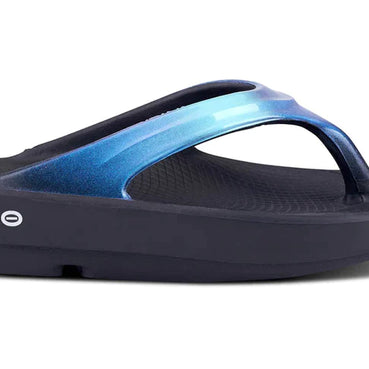 OOlala Luxe - Women by Oofos in black and blue with patented OOfoam footbed, lightweight slides designed for comfort and all-day wear