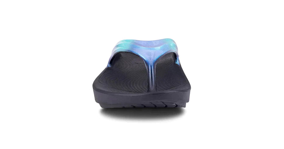 OOlala Luxe - Women by Oofos in blue and black with patented OOfoam footbed, lightweight slide sandal for all-day comfort and style