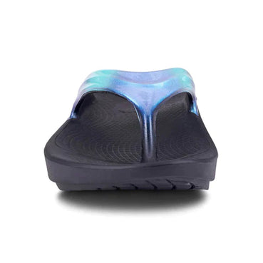 OOlala Luxe - Women by Oofos in blue and black with patented OOfoam footbed, lightweight slide sandal for all-day comfort and style