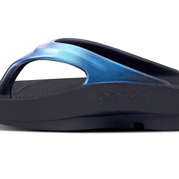 OOlala Luxe - Women by Oofos in black with blue hand-painted straps, lightweight OOfoam slides for comfort and stylish everyday wear