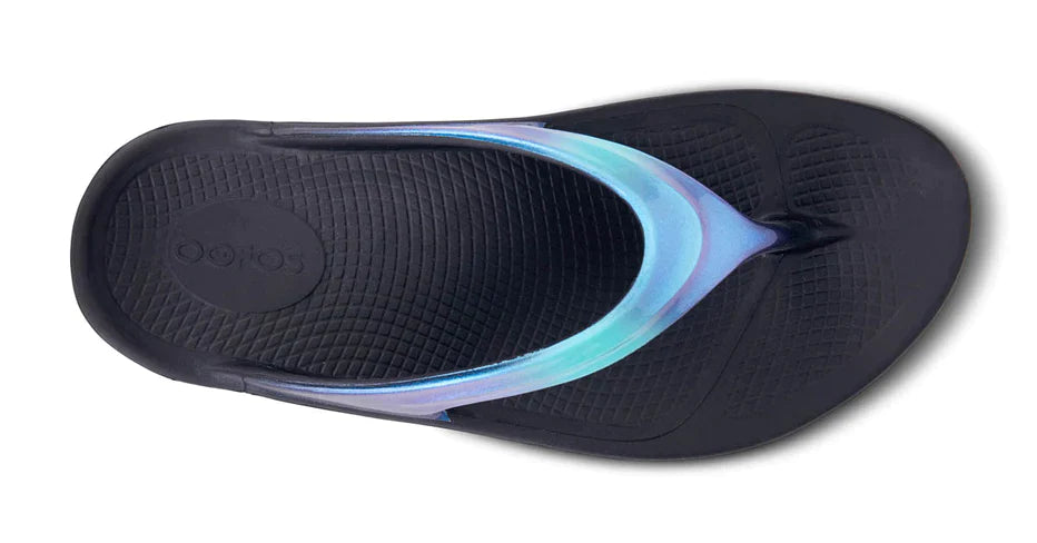 OOlala Luxe - Women by Oofos in black with iridescent strap, patented OOfoam footbed for comfort, stylish casual slides for everyday wear