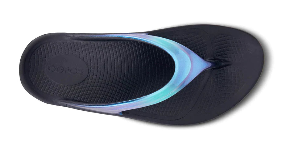 OOlala Luxe - Women by Oofos in black with iridescent strap, patented OOfoam footbed for comfort, stylish casual slides for everyday wear