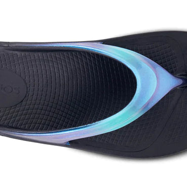 OOlala Luxe - Women by Oofos in black with iridescent strap, patented OOfoam footbed for comfort, stylish casual slides for everyday wear