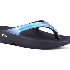 OOlala Luxe - Women by Oofos in black with blue hand-painted OOfoam sandal featuring streamlined footbed for stylish day and night wear