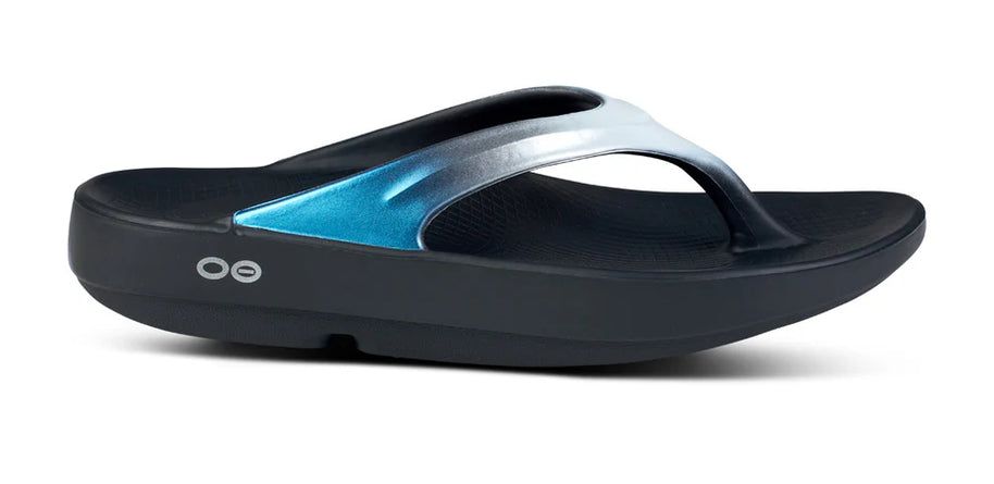 OOlala Luxe - Women by Oofos in black and blue with patented OOfoam footbed and hand-painted design for stylish comfort