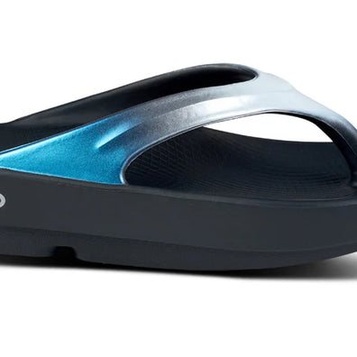 OOlala Luxe - Women by Oofos in black and blue with patented OOfoam footbed and hand-painted design for stylish comfort