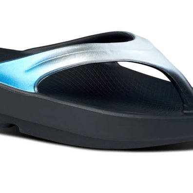 OOlala Luxe - Women by Oofos in black and metallic blue oofoam sandal with streamlined footbed for comfort and stylish casual wear
