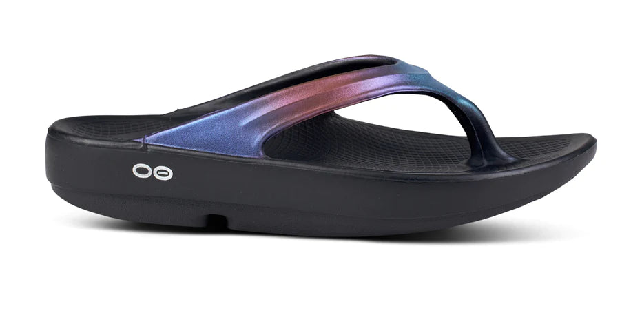 OOlala Luxe - Women by Oofos in iridescent blue and black slide sandal with patented OOfoam footbed for all-day comfort and style