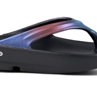 OOlala Luxe - Women by Oofos in iridescent blue and black slide sandal with patented OOfoam footbed for all-day comfort and style