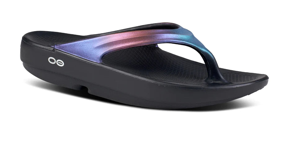 OOlala Luxe - Women by Oofos in black with hand-painted iridescent straps, lightweight OOfoam slides for all-day comfort and style