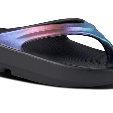 OOlala Luxe - Women by Oofos in black with hand-painted iridescent straps, lightweight OOfoam slides for all-day comfort and style