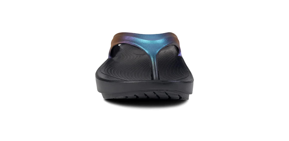 OOlala Luxe - Women by Oofos in black and iridescent blue slide sandal with patented OOfoam footbed for all-day comfort and style